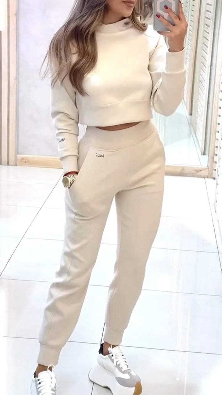 Stand Collar Sports Suit Fashion Pullover Long-sleeves Short Top And Slim Trousers With Pockets Solid Outfits Women's Clothing