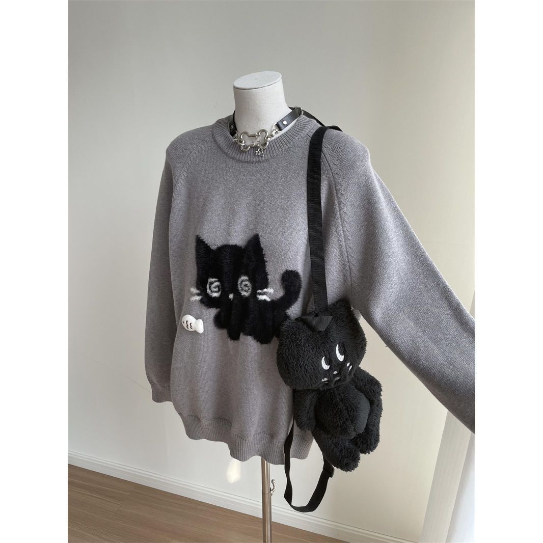 New Cute Black Cat Brocade Sweater Women