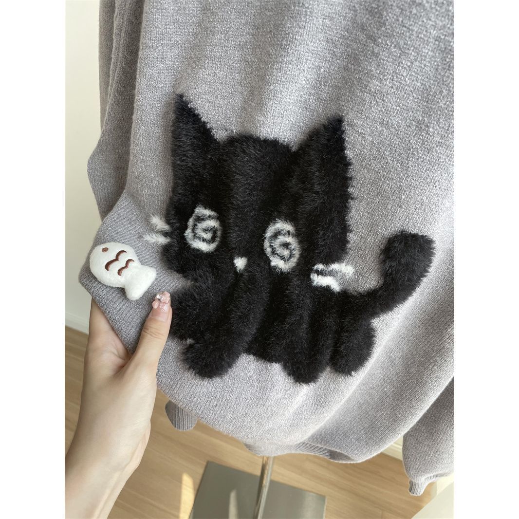 New Cute Black Cat Brocade Sweater Women