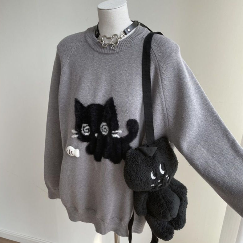 New Cute Black Cat Brocade Sweater Women